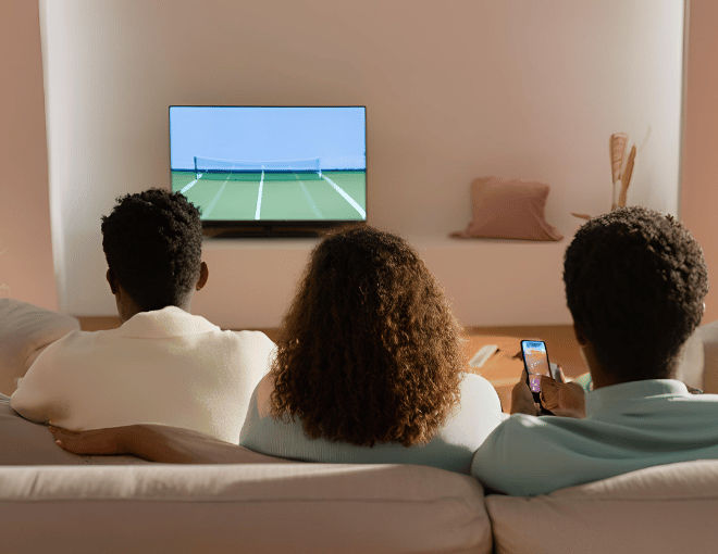 Two friends sit on a couch, intently watching a tennis match on TV. The camera captures their backs and the glowing screen ahead.