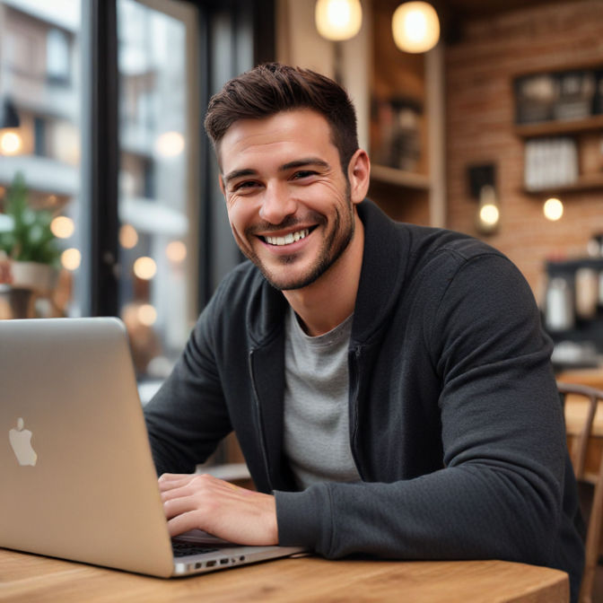 A man at a cozy café, smiling at his laptop screen as if he just won big.