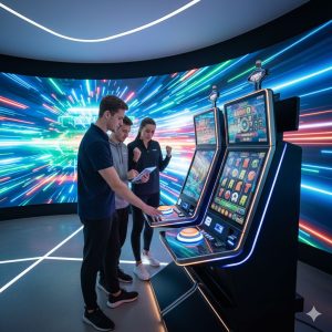 a group of people standing in front of a slot machine trying a slot demo play