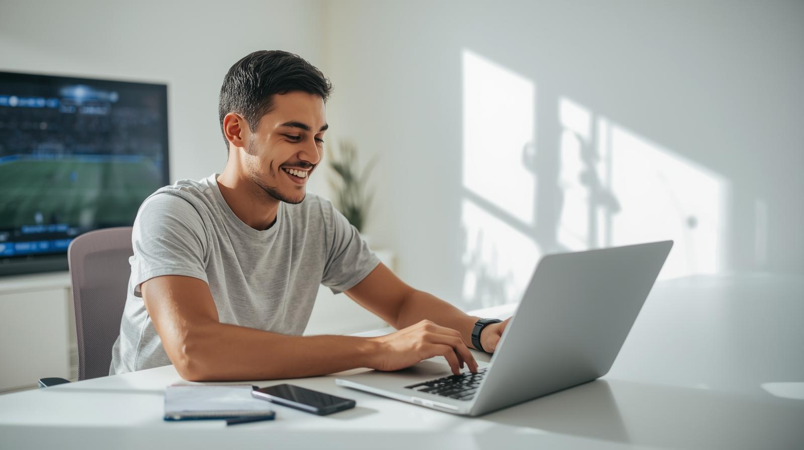 Smiling bettor at desk with blurred screens enjoying a relaxed sports wagering moment.