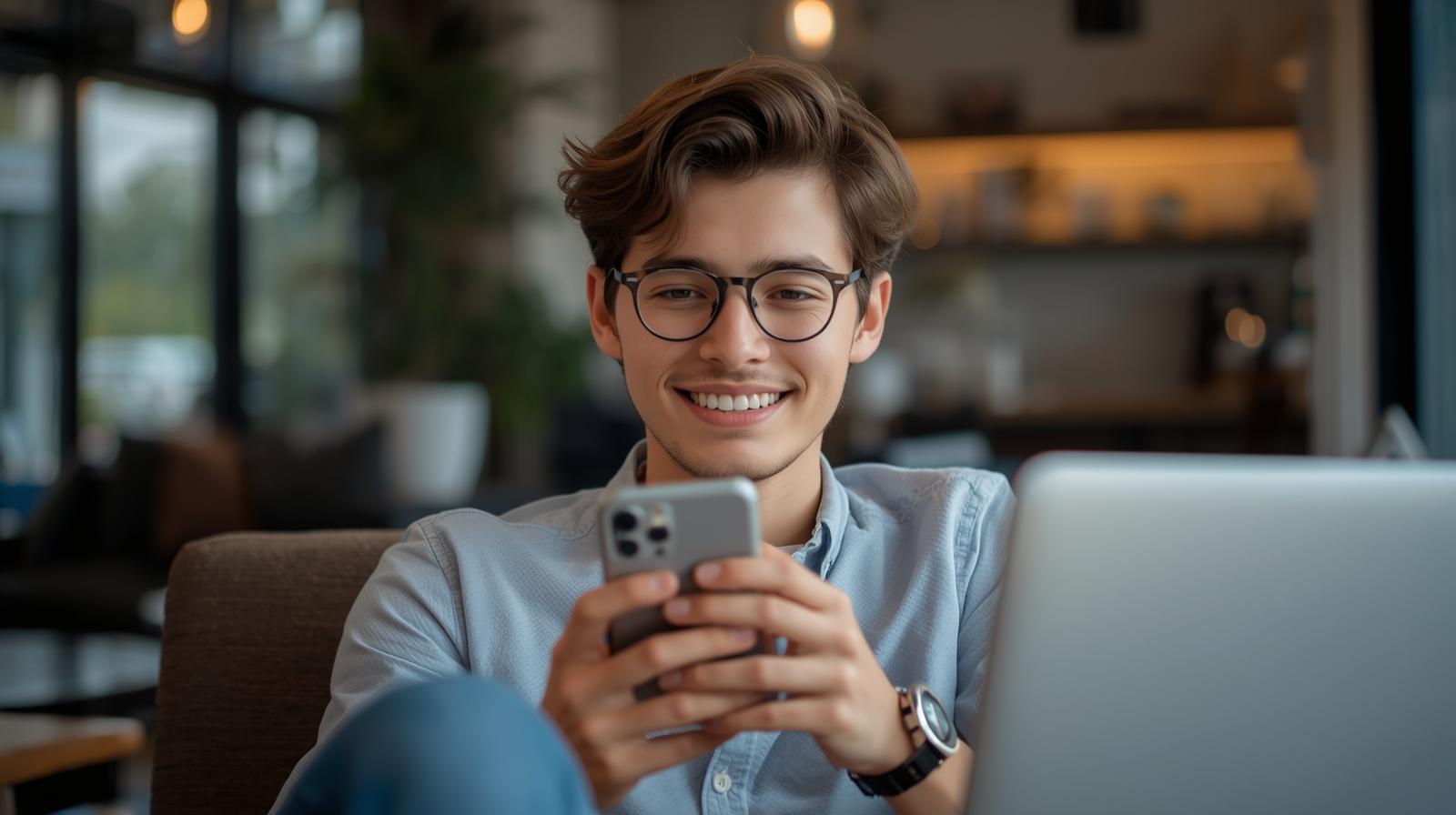 Smiling young adult using smartphone in bright modern space, relaxed and optimistic mood.