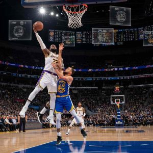 An intense NBA playoff game scene, players battling on court.